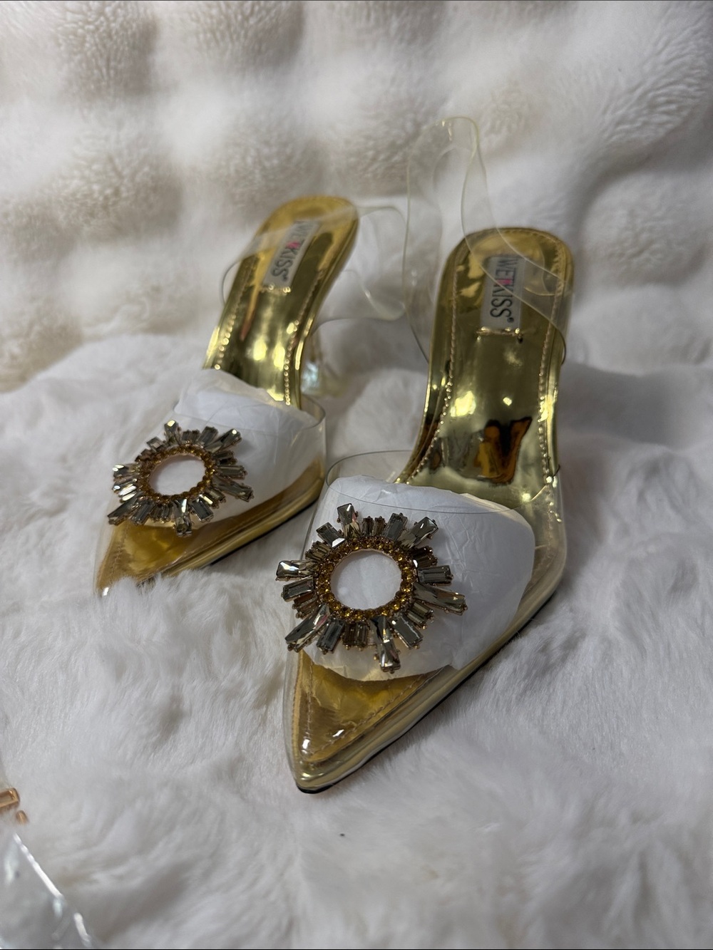 Gold & White Jewel-Embellished Pointed Mules